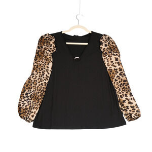 NWT A Love Story Blouse Top Women Small Black Animal Print Rhinestones Glam Luxe